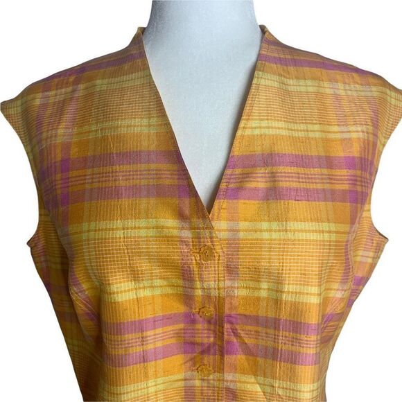 Vintage Silk Sleeveless Button Down Top 8 Orange Plaid Flower Buttons V Neck - Picture 2 of 6